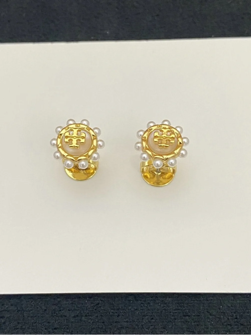 Tory Burch Gold Logo Pearl-Trim Stud Earrings